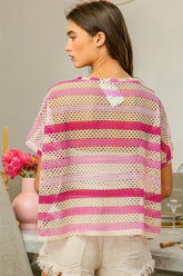BiBi Striped Openwork Short Sleeve Knit Cover Up OutfitFlow